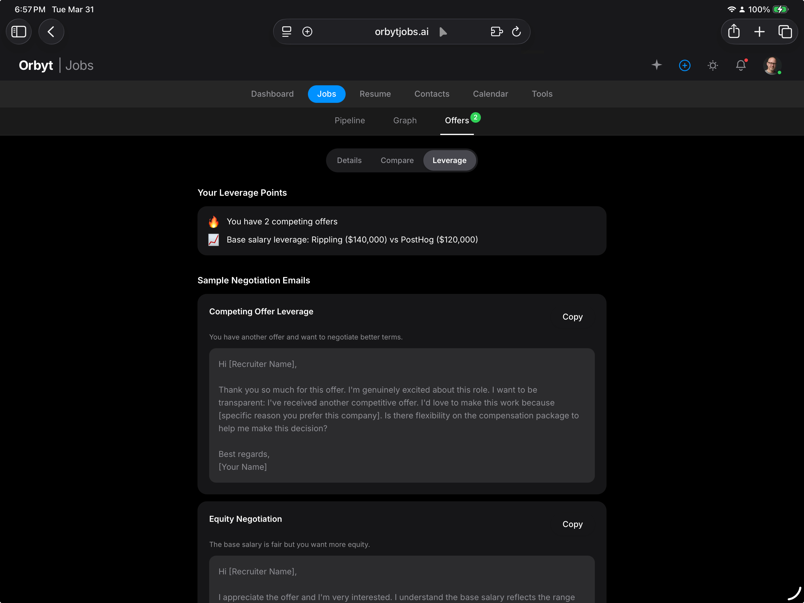 Orbyt offer leverage tool with negotiation email templates and competing offer analysis