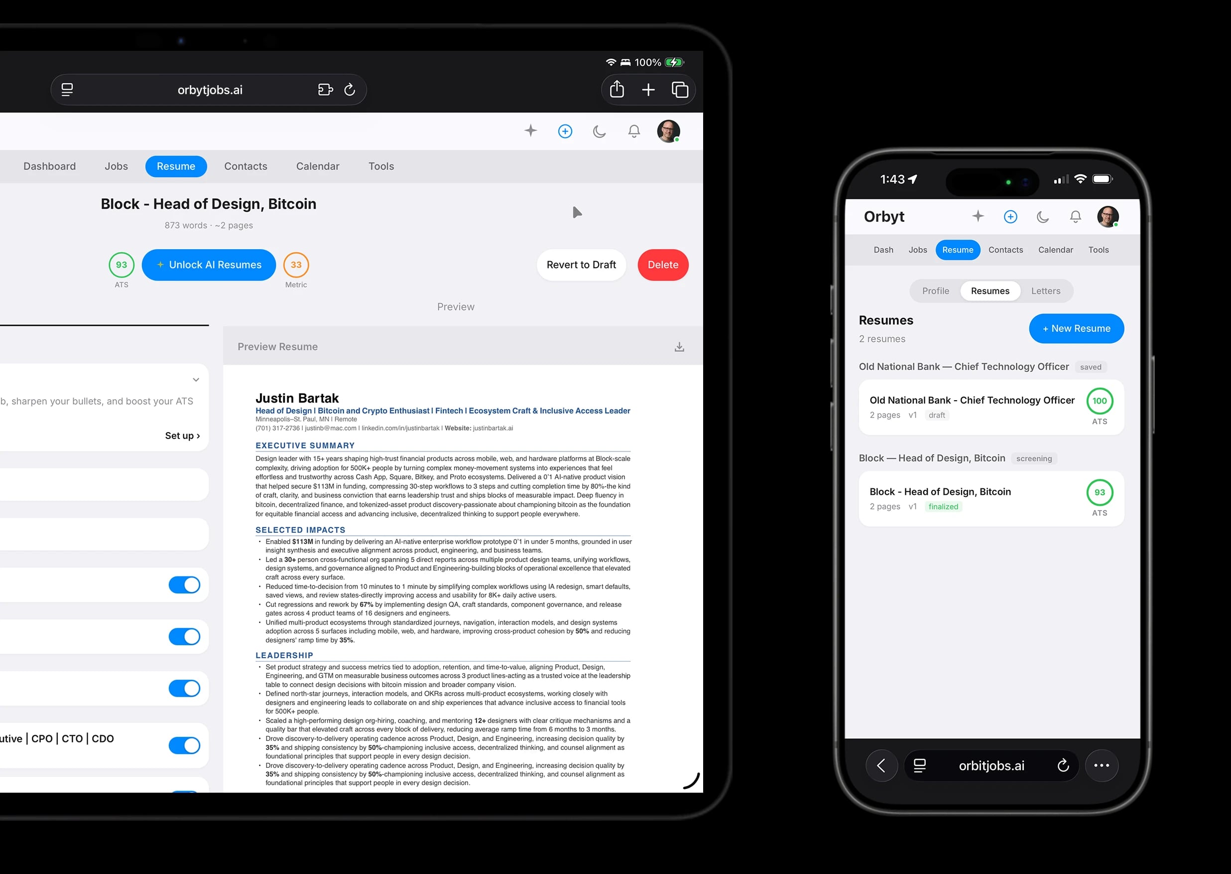 Orbyt syncing in real-time between iPhone and iPad showing the same job pipeline in light mode