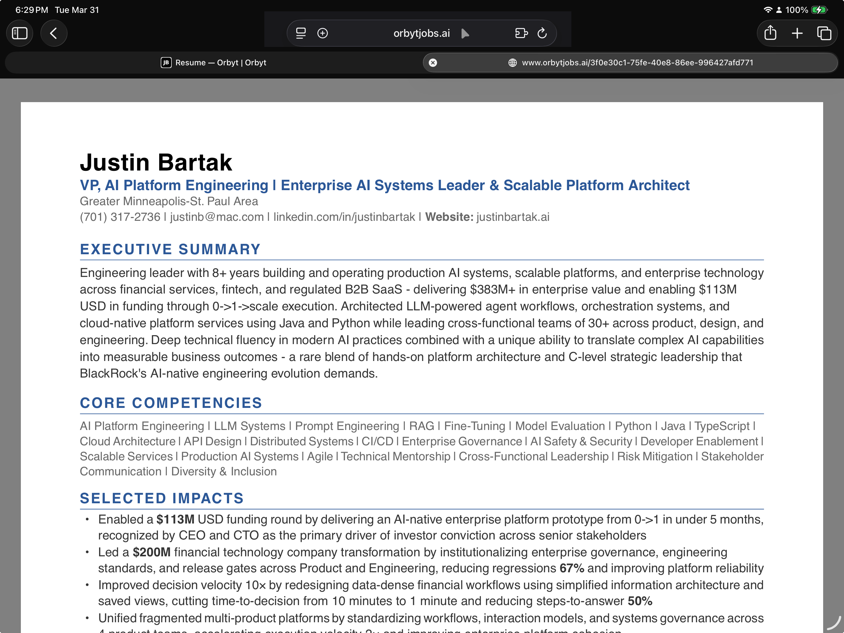 Orbyt AI resume builder PDF preview with professional formatting ready to download