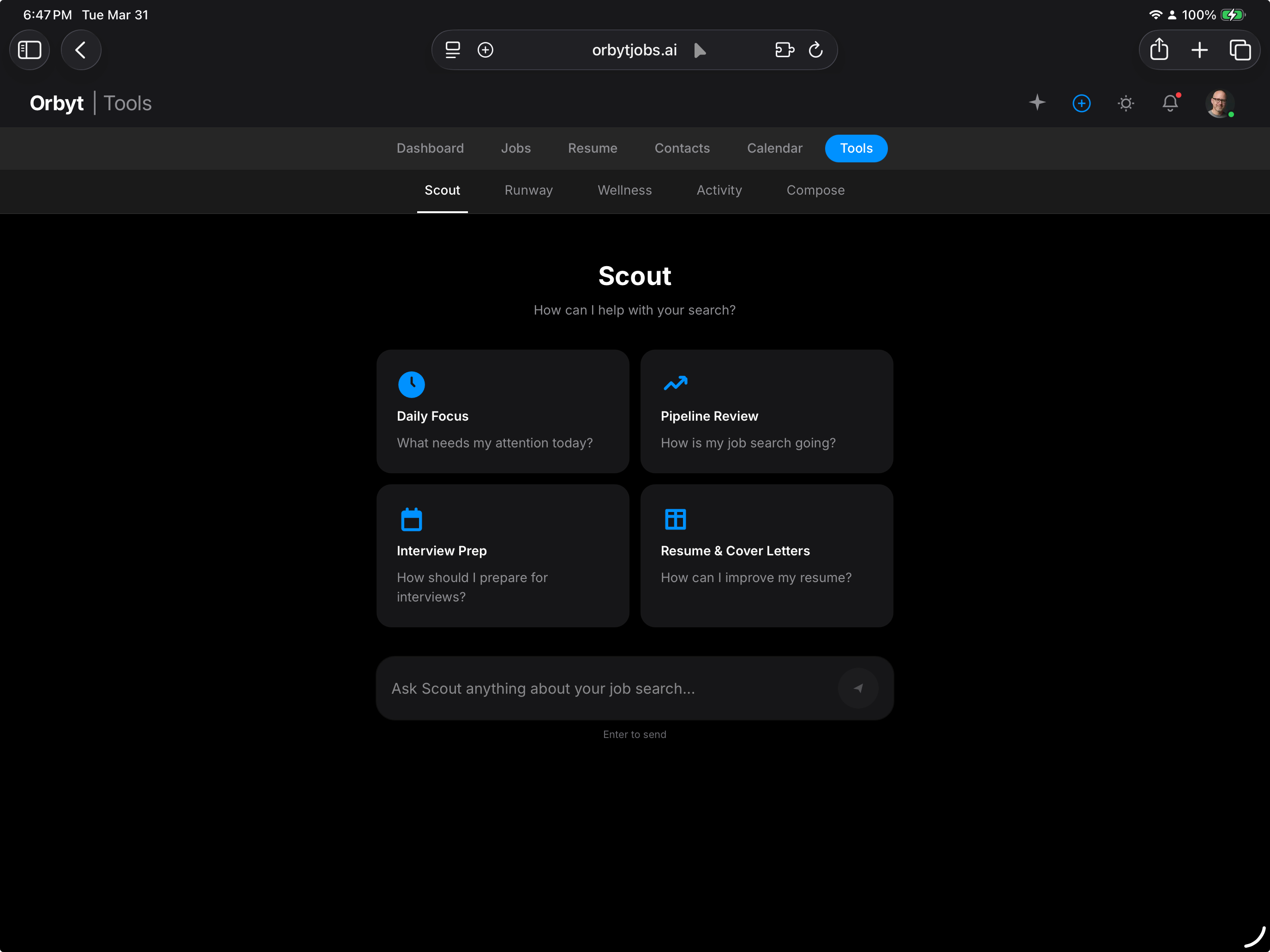 Orbyt Scout AI command center with Daily Focus, Pipeline Review, Interview Prep, and Resume categories