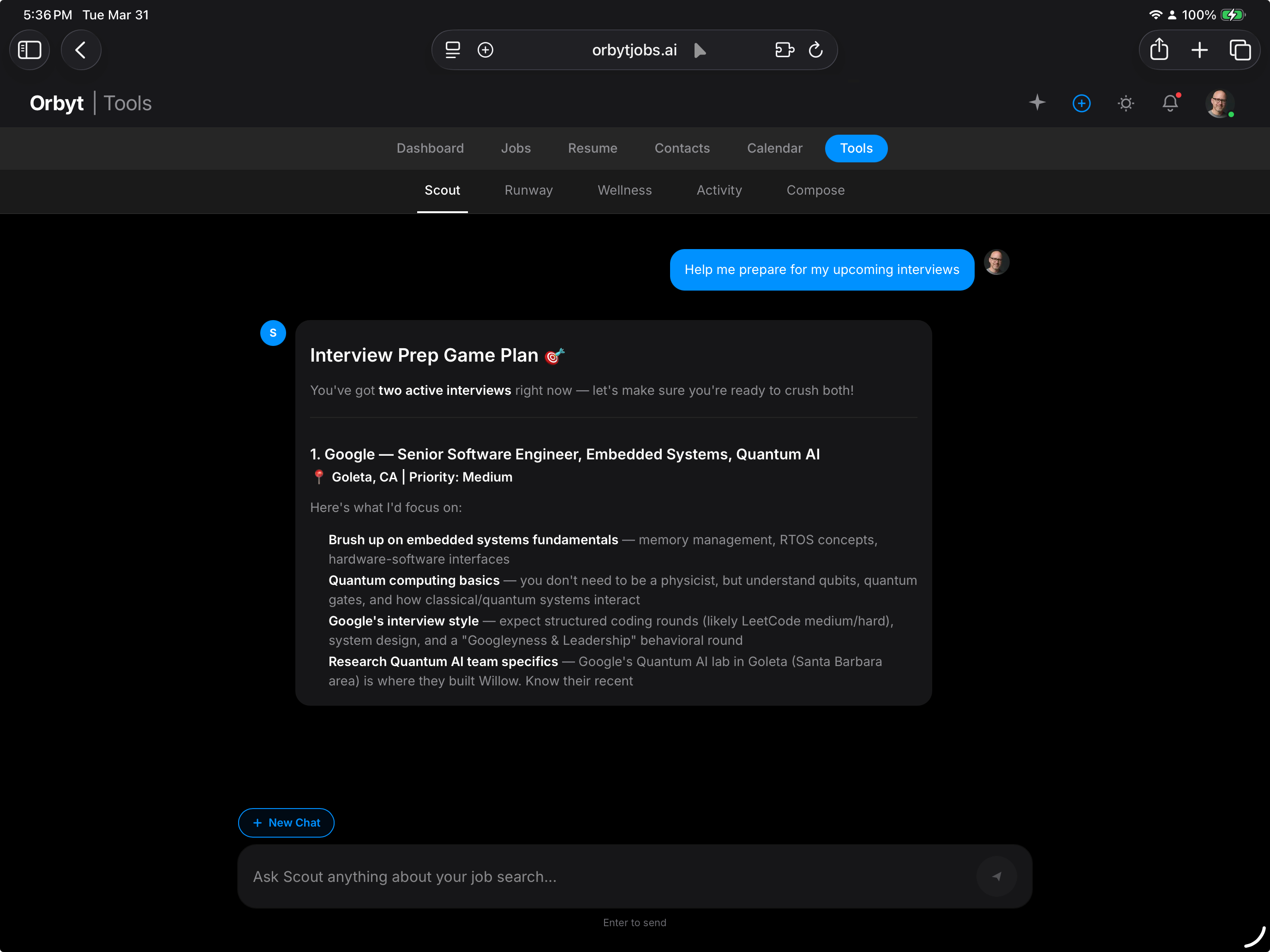 Orbyt Scout AI assistant showing job search results and personalized recommendations