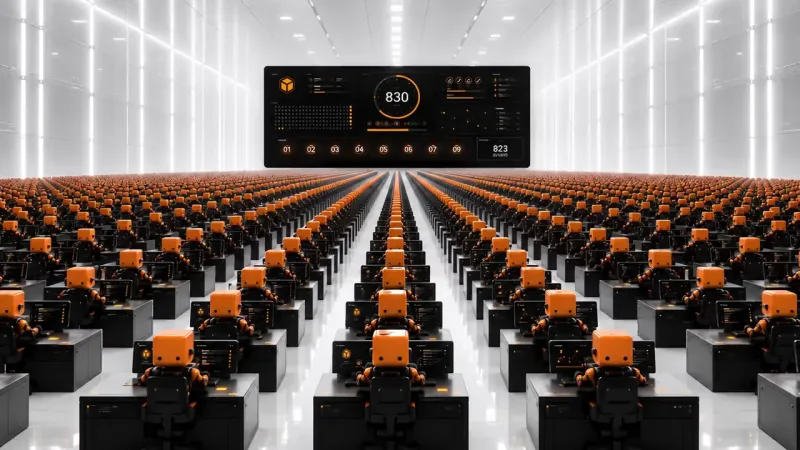 A white hall of identical orange and black robots seated in long rows at black desks, under a suspended dark dashboard whose orange ring gauge reads 830.