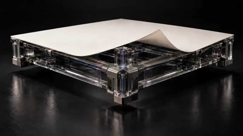 A pale sheet with one corner curled up rests on a clear glass frame with metal corner blocks, lit blue and violet against black.