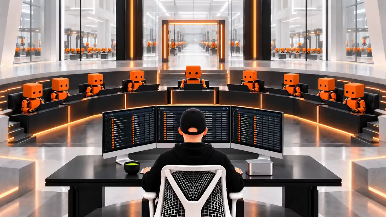 A person in a black cap sits at three monitors facing a curved tier of nine orange boxy robots in a bright glass hall edged with orange light.
