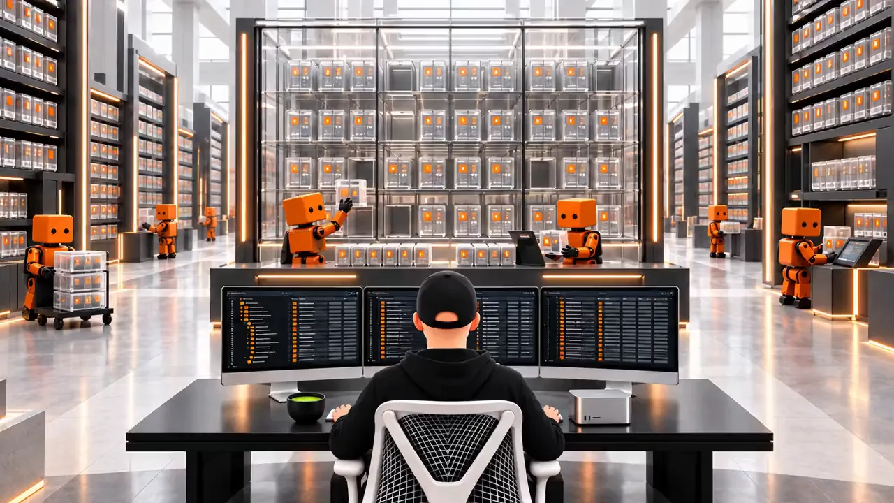 A person in a black cap works at three monitors facing a tall glass cabinet of small lit cubes, flanked by shelves where orange boxy robots carry clear crates.