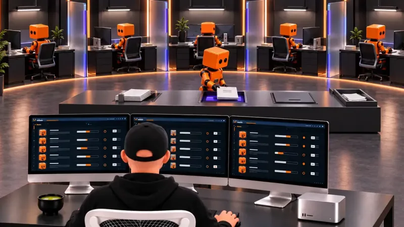 Monitors show rows of orange robot icons with progress bars; beyond them, orange boxy robots sit in a curved row and one feeds a sheet into a glowing blue slot.