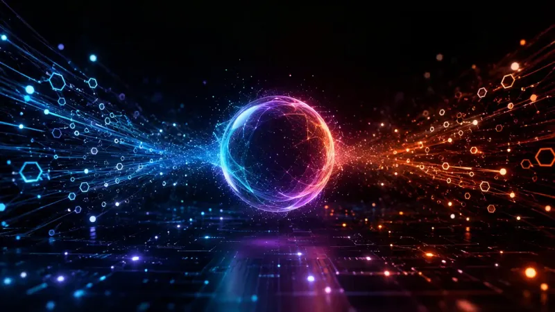 A translucent glowing sphere sits at the center where converging blue light streams and hexagon outlines from the left meet orange light streams and hexagons from the right, over a dark reflective grid.