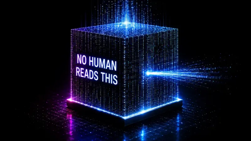 A glowing isometric cube assembled from vertical streams of blue and violet data particles, its face reading NO HUMAN READS THIS, with a single beam of light entering from the right