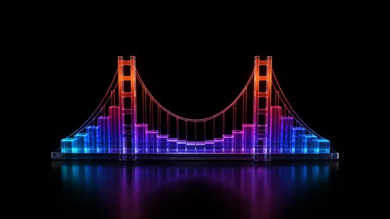 A glowing orange wireframe Golden Gate Bridge rises from a blue, purple and pink bar chart skyline, reflected below.