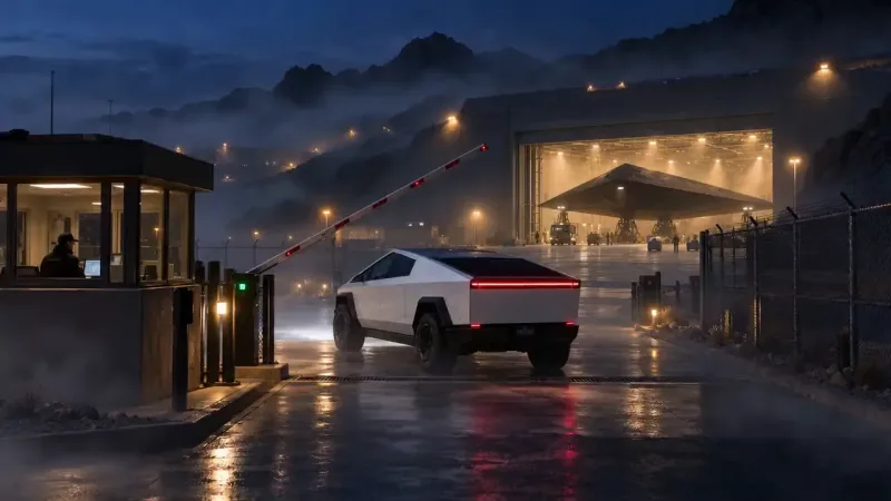 An angular silver vehicle with a red light bar on wet pavement at a raised striped barrier, a guard booth beside it and a lit hangar beyond.