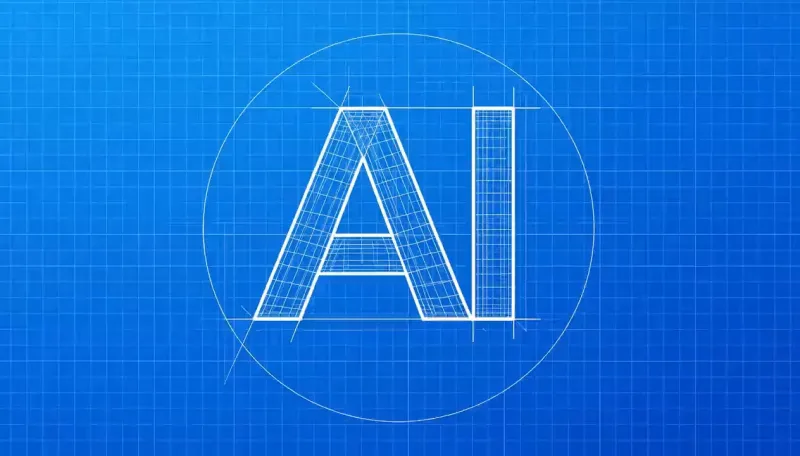White outlined letters "AI" drawn as a technical blueprint, with construction lines, a large circle guide and fine grid squares filling a bright blue background.