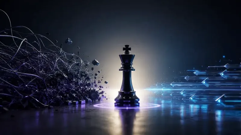 A glossy black chess king stands on a reflective floor inside a glowing violet ring, tangled purple cables and shattered debris heaped to the left, rows of blue arrows streaming right.