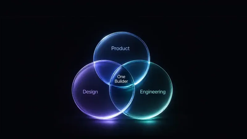 Three glowing translucent circles overlap on a black background, labeled "Product" in blue at top, "Design" in purple at left, "Engineering" in teal at right, with "One Builder" in the center overlap.