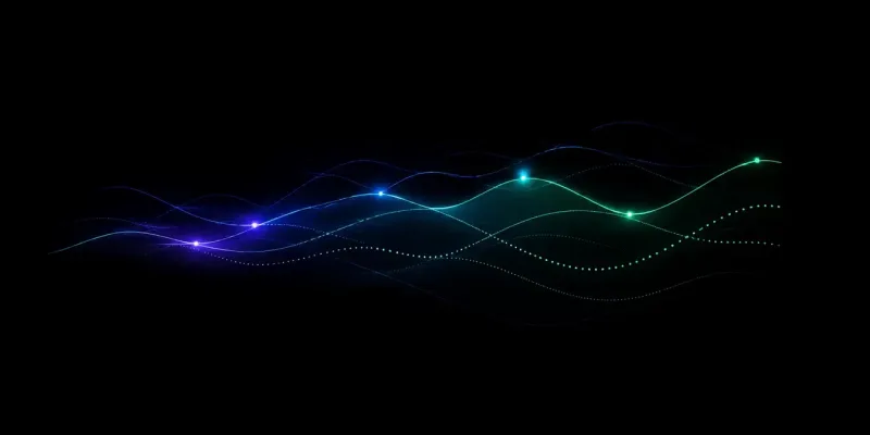 Glowing blue and green data lines curving upward across a black background, tracing rising metrics on an abstract chart
