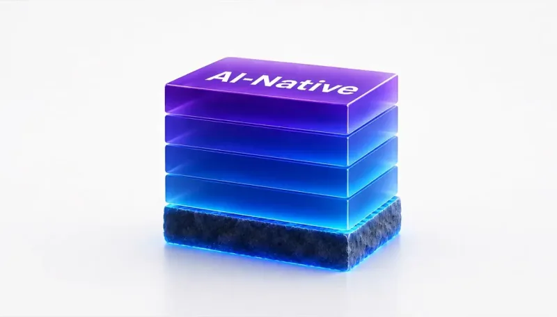 A stack of glossy translucent slabs on a white background, the top one purple and lettered "AI-Native", the middle ones glowing blue, the bottom a dark rough textured block.