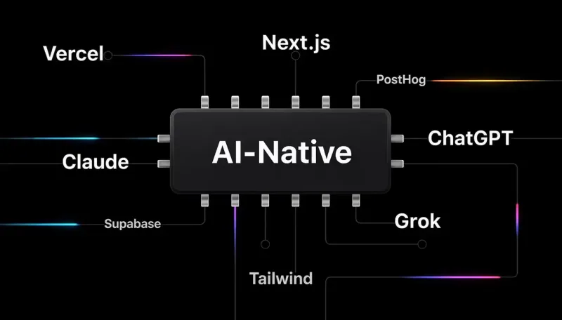 A dark rounded microchip labeled "AI-Native" sits on black, its silver pins wired out to glowing labels reading Vercel, Next.js, PostHog, ChatGPT, Grok, Supabase, Claude and Tailwind.