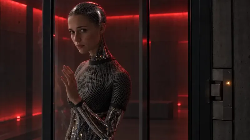 Humanoid figure with a silver mesh body and human face stands behind glass in a red-lit concrete room, palm raised.