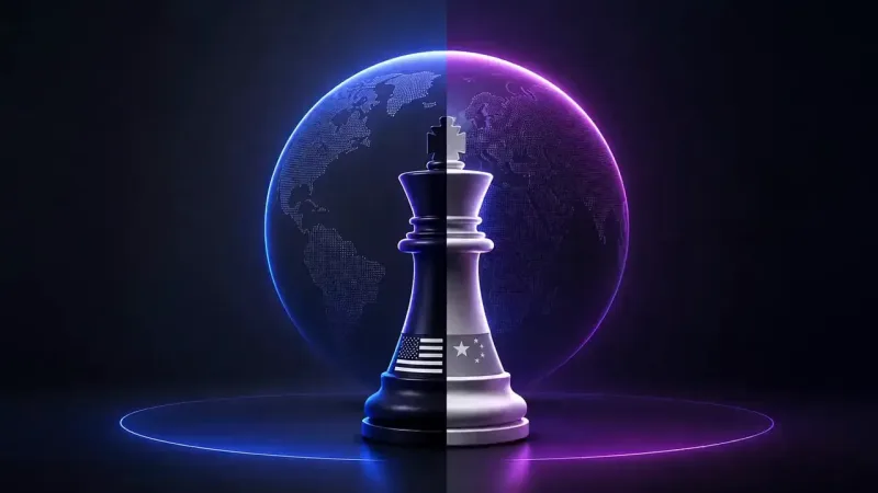 A single chess king stands against a glowing dotted globe, its left half black and banded with the United States flag, its right half white and banded with China's stars. Blue light washes the left, violet the right.