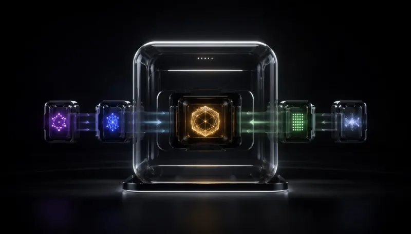 A glass enclosure on a lit pedestal holding a glowing amber core, with four interchangeable model modules docking into it from either side along arrows of light