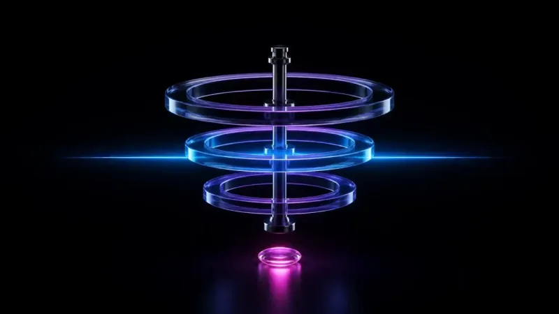 Three stacked glowing glass rings surround a central pole, with a small pink ring glowing separately below them.