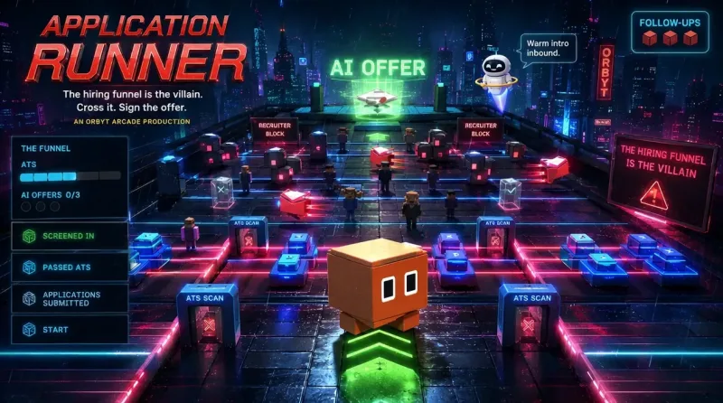 Application Runner, a neon-noir arcade game. Hop your application across the hiring funnel to the AI offer.