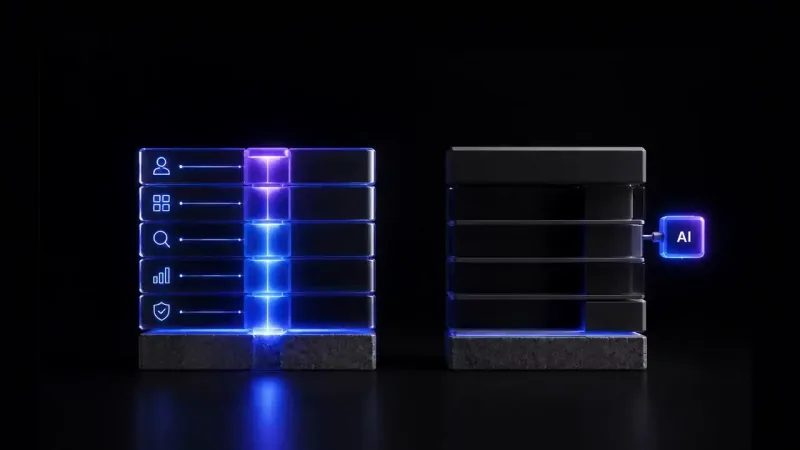 Two stacks of glass slabs on stone bases in the dark, the left glowing blue with person, grid, search, chart and shield icons, the right unlit with a glowing "AI" chip plugged into its side.