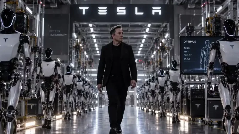A man in a dark suit walks a factory aisle lined with dozens of humanoid robots beneath a lit TESLA sign and a screen reading OPTIMUS BUILD TEST DEPLOY SCALE.
