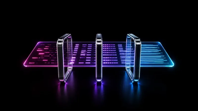A glass panel displays glowing pink, purple, and blue code lines, pierced by three looped metal frames standing upright.