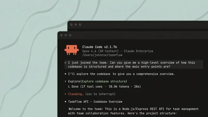 Two overlapping dark terminal windows on a pale green background, the front one headed Claude Code v2.1.76 with an orange pixel robot icon and a chat transcript below it.