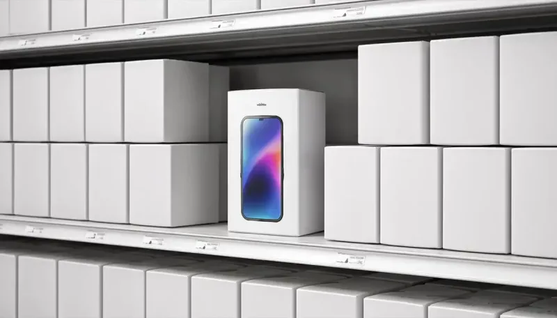 Rows of identical plain white boxes fill warehouse style shelves, with one box at the center opening to show a phone screen glowing in blue, pink and orange gradient.