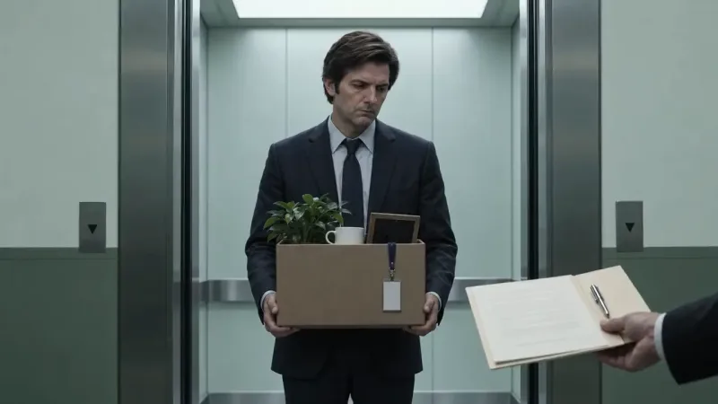 A man in a dark suit stands in a steel elevator holding a box with a plant and mug, beside a hand holding an open folder.