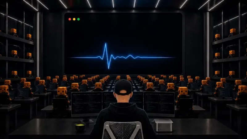 A hooded founder sits at a desk facing a wall screen with a glowing blue heartbeat pulse, flanked by rows of small robot coworkers at their own desks.