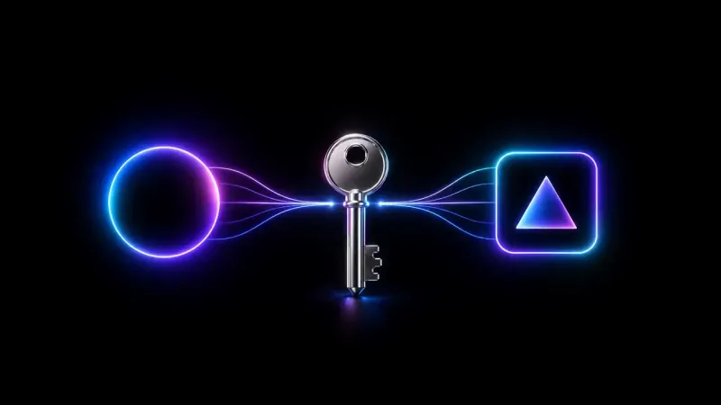 A metallic key connects to a pink circle and a blue square holding a purple triangle by glowing lines.