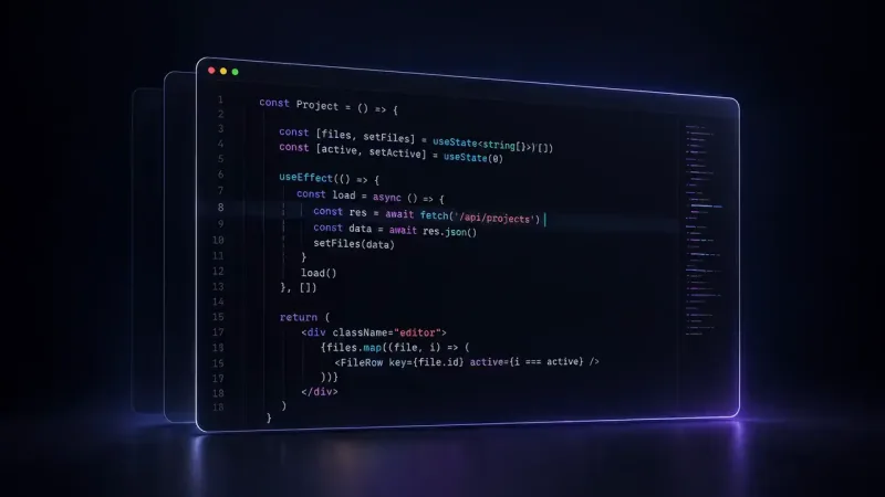 A dark code editor window showing a short React component that fetches from an API and maps files into rows, with two faint windows behind it.