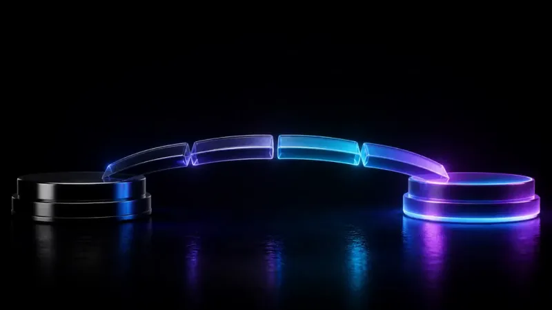 Two dark round platforms with glowing blue and purple rims connect via a curved bridge split into four glass segments.