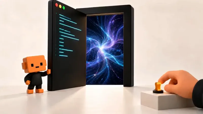 A small orange cube-headed figure beside an open black door revealing swirling blue and purple light, while a large hand rests on an orange control.