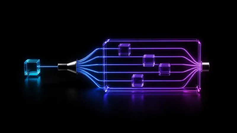 A small cyan cube connects by a beam through a wireframe purple box containing several small cube nodes inside.