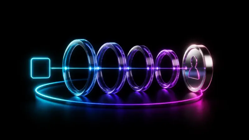 A row of glass rings shifts from blue to magenta, connecting a teal square to a person icon disc.