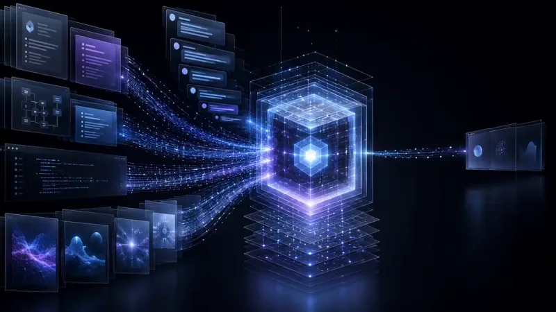 On black, blue and violet particle streams flow from translucent interface panels into a glowing layered cube, then out to a chart panel.