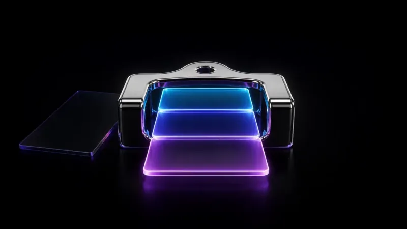 A glossy black camera-like object holds three glowing panels in blue, purple, and pink beside a dark glass sheet.