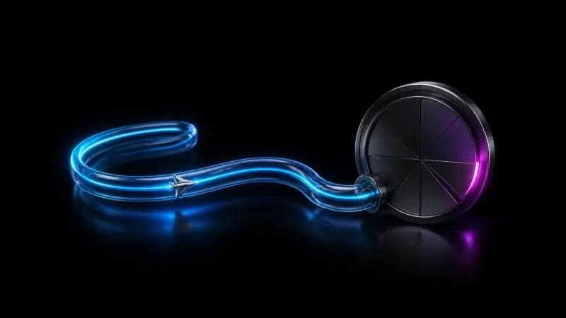 A luminous blue tube loops across black and runs into a dark metal disc segmented like a pie chart, its right rim glowing magenta. A small silver arrow rides the tube.