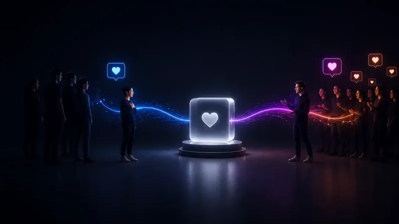 On a dark stage a glowing white cube stamped with a heart sits on a round pedestal, blue and purple light streams out to people on both sides, and heart speech bubbles float overhead.