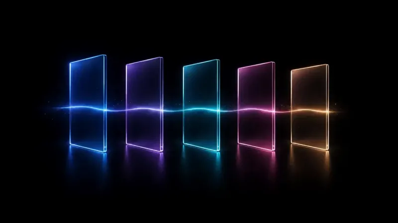 Five upright translucent panels stand in a row on a black reflective floor, lit blue, purple, cyan, pink and gold, with a thin wavy light thread running through all of them at mid height.