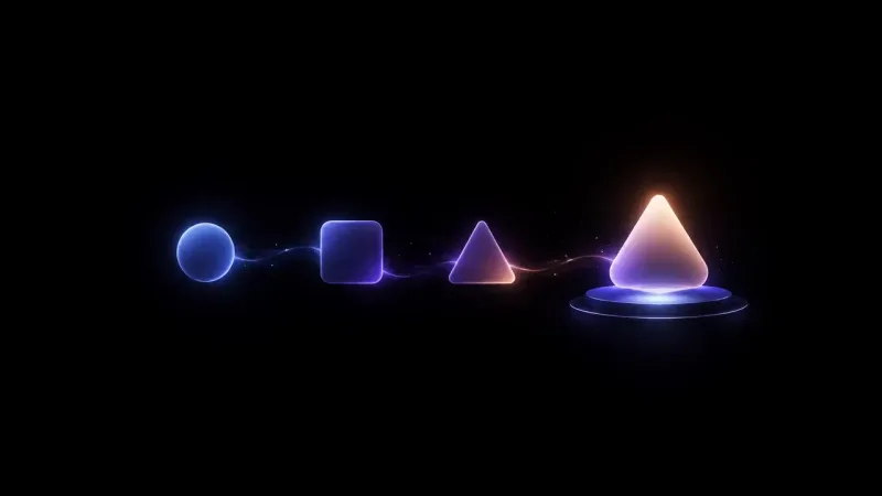 Four glowing shapes on black, a blue sphere, a rounded blue square, and a violet triangle linked by a thread of light to a large pink cone on a lit circular pedestal.
