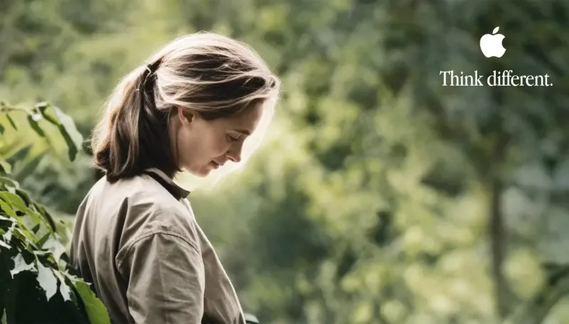 Woman in a tan collared shirt seen in profile, head bowed, against blurred green foliage, with a white Apple logo and the words "Think different." in the upper right corner.