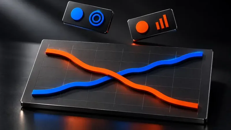 Glossy 3D render of a dark gridded chart panel with a rising blue line crossing a falling orange line, beneath two floating tiles showing blue and orange icons.