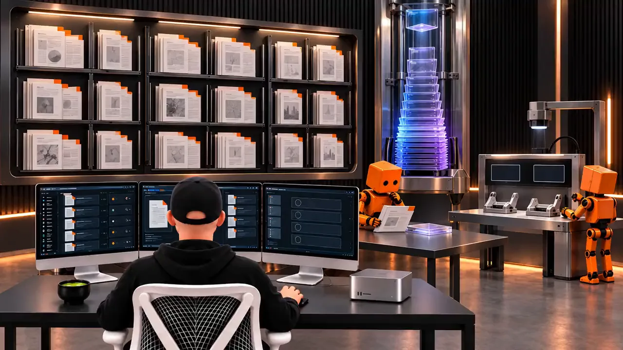 A person in a black cap works at three monitors facing shelved paper stacks beside a glass tower of glowing panes, with two orange boxy robots at desks.