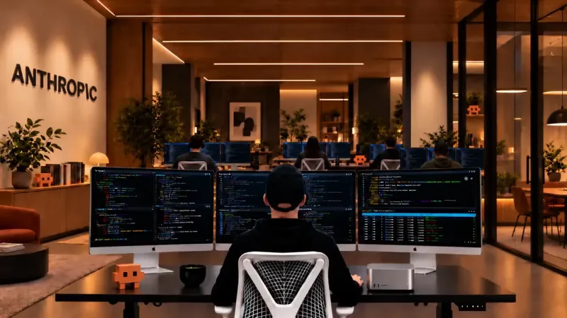 A person in a black cap sits before three monitors of code in a warm wood office, the word ANTHROPIC on the wall.