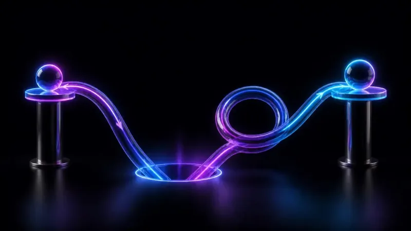 A winding glass tube links two pedestal spheres, purple on the left, blue on the right, looping through a ring.