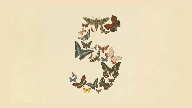 Dozens of vintage engraved butterflies and moths in red, teal, black, cream and yellow arranged on aged paper into one large sweeping curve that doubles back on itself.